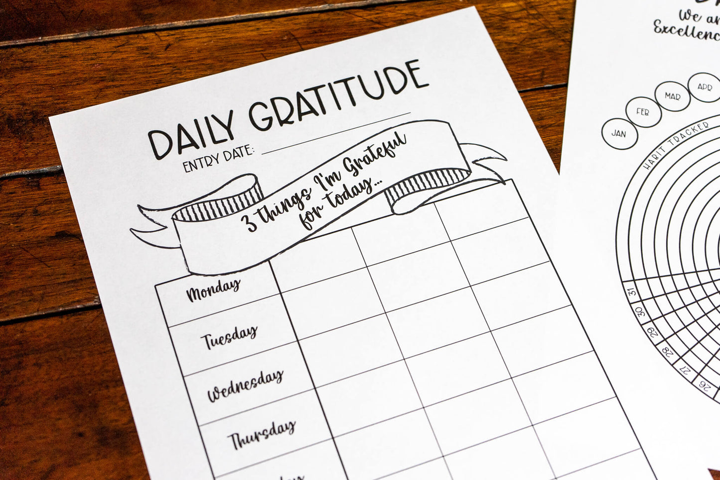 Habit Tracker, Daily Gratitude Chart, and Reflection Prompts Printables for Wellness Journaling