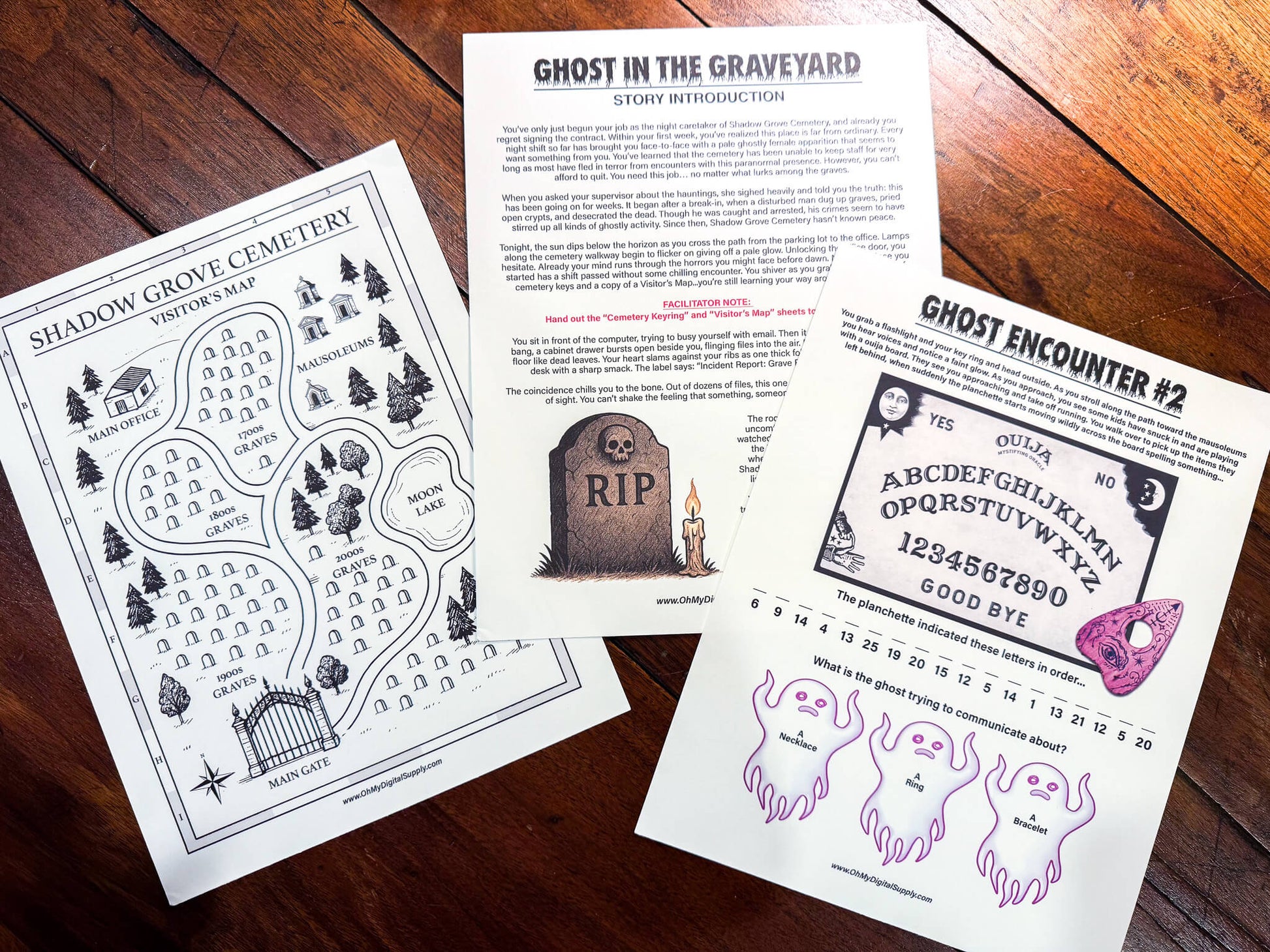 A printable Halloween escape room game called Ghost in the Graveyard with various puzzle sheets, story sheets, cemetery map, instructions, and facilitator guide all in printable PDF format. A 30 minute group activity for team-building or use as an icebreaker game.