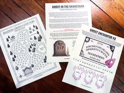A printable Halloween escape room game called Ghost in the Graveyard with various puzzle sheets, story sheets, cemetery map, instructions, and facilitator guide all in printable PDF format. A 30 minute group activity for team-building or use as an icebreaker game.