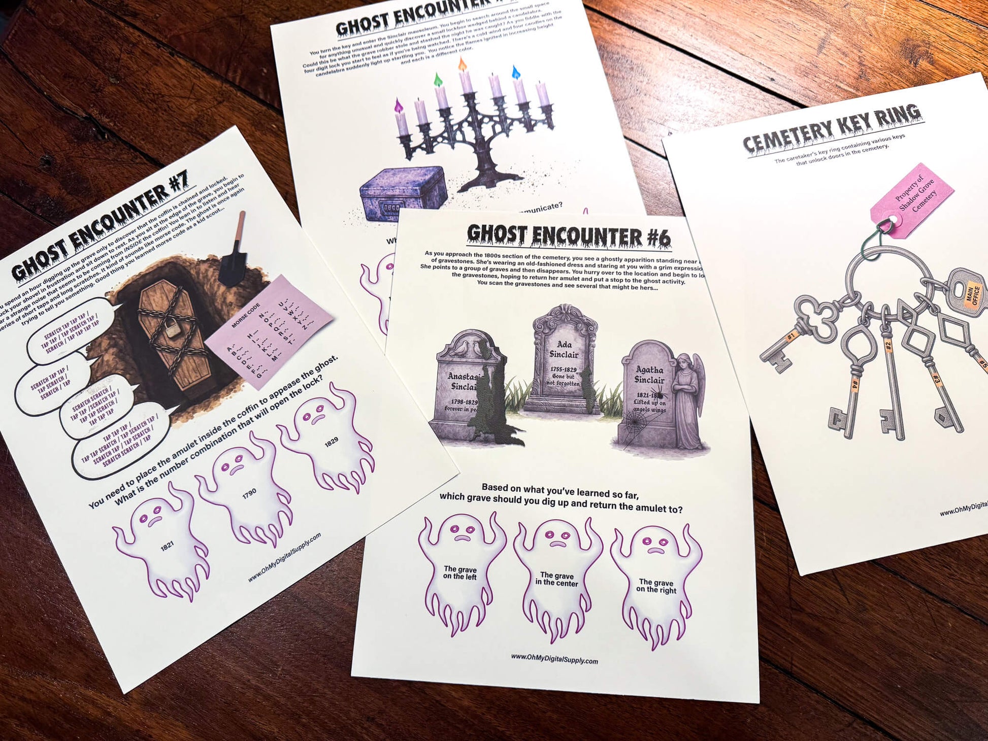 A printable Halloween escape room game called Ghost in the Graveyard with various puzzle sheets, story sheets, cemetery map, instructions, and facilitator guide all in printable PDF format. A 30 minute group activity for team-building or use as an icebreaker game.