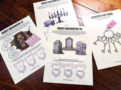 A printable Halloween escape room game called Ghost in the Graveyard with various puzzle sheets, story sheets, cemetery map, instructions, and facilitator guide all in printable PDF format. A 30 minute group activity for team-building or use as an icebreaker game.