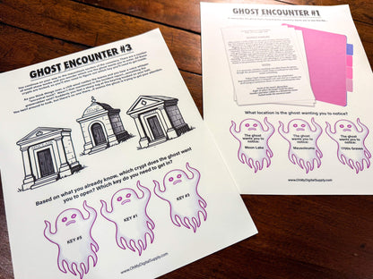 A printable Halloween escape room game called Ghost in the Graveyard with various puzzle sheets, story sheets, cemetery map, instructions, and facilitator guide all in printable PDF format. A 30 minute group activity for team-building or use as an icebreaker game.