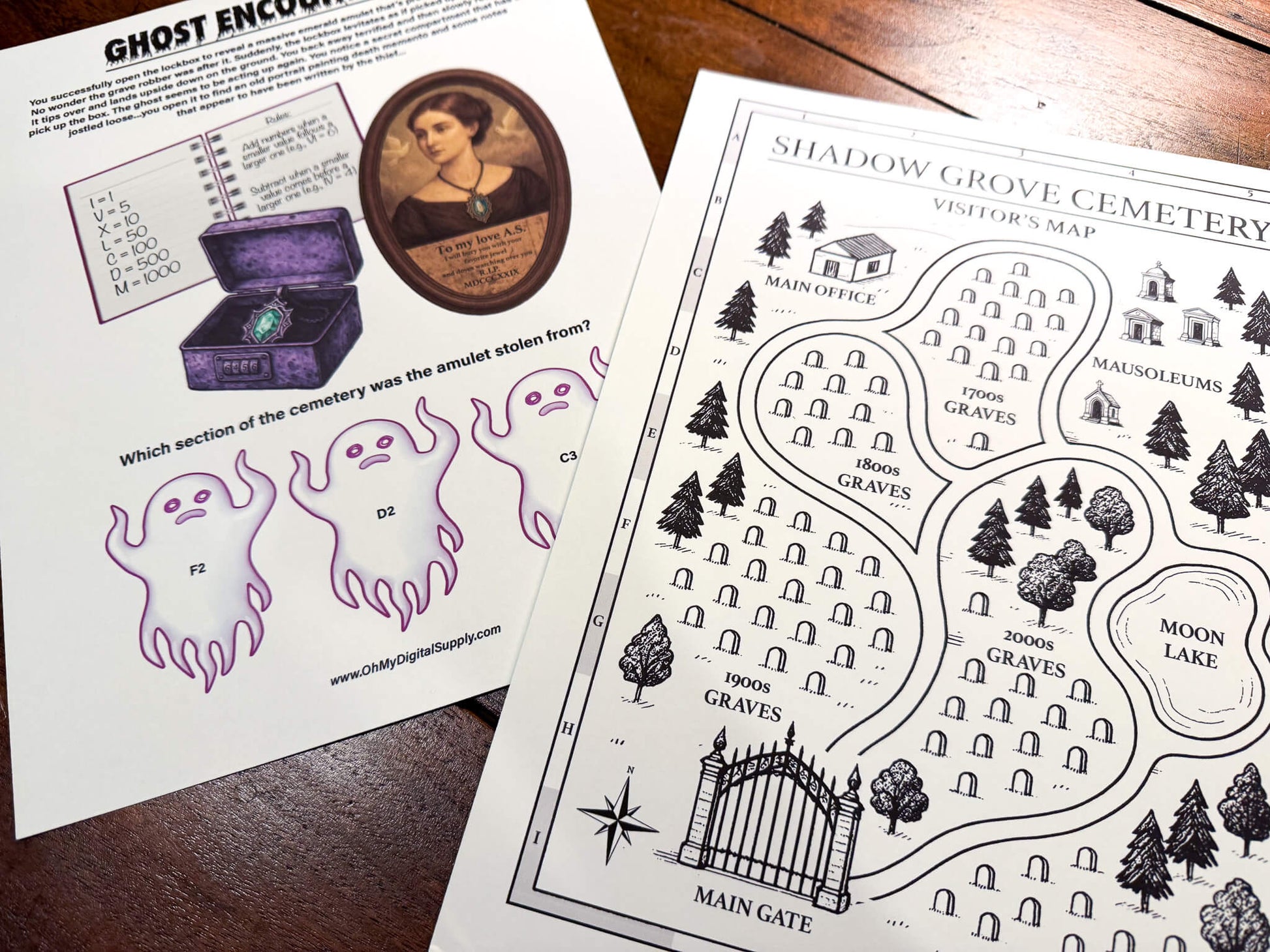 A printable Halloween escape room game called Ghost in the Graveyard with various puzzle sheets, story sheets, cemetery map, instructions, and facilitator guide all in printable PDF format. A 30 minute group activity for team-building or use as an icebreaker game.