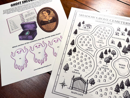 A printable Halloween escape room game called Ghost in the Graveyard with various puzzle sheets, story sheets, cemetery map, instructions, and facilitator guide all in printable PDF format. A 30 minute group activity for team-building or use as an icebreaker game.