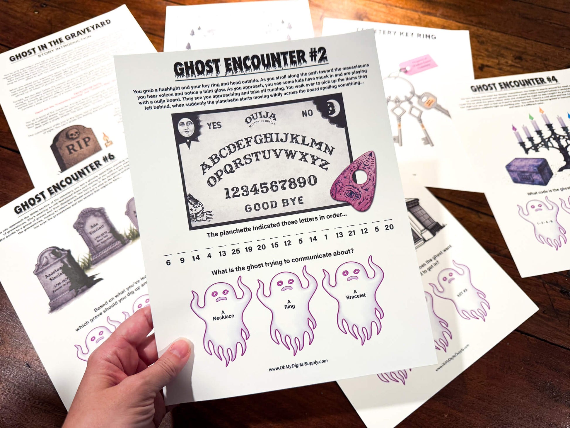 A printable Halloween escape room game called Ghost in the Graveyard with various puzzle sheets, story sheets, cemetery map, instructions, and facilitator guide all in printable PDF format. A 30 minute group activity for team-building or use as an icebreaker game.