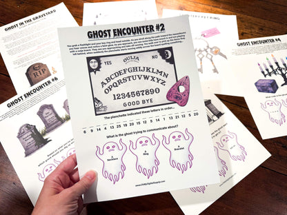 A printable Halloween escape room game called Ghost in the Graveyard with various puzzle sheets, story sheets, cemetery map, instructions, and facilitator guide all in printable PDF format. A 30 minute group activity for team-building or use as an icebreaker game.