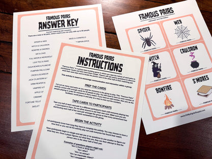Famous Pairs Halloween & Fall group team building game and icebreaker activity. A digital PDF download containing instructions to play the game and Famous Pairs cards.
