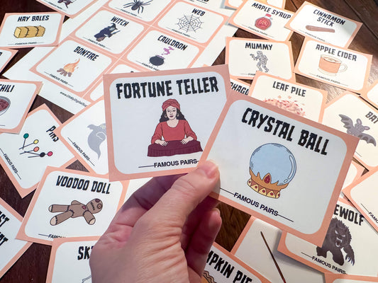 Famous Pairs Halloween & Fall group team building game and icebreaker activity. A digital PDF download containing instructions to play the game and Famous Pairs cards.