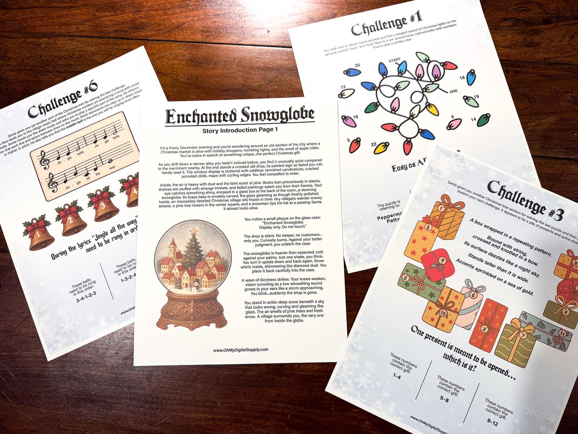 A printable Christmas Escape Room game called Enchanted Snowglobe for group team-building or playing as an icebreaker game. Various printable PDF sheets with holiday puzzles, read-aloud story sheets, and facilitator instructions.