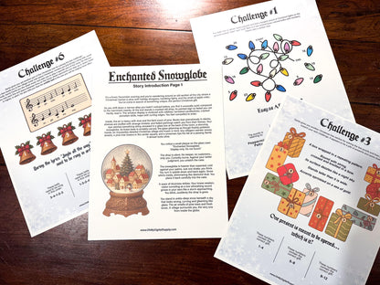 A printable Christmas Escape Room game called Enchanted Snowglobe for group team-building or playing as an icebreaker game. Various printable PDF sheets with holiday puzzles, read-aloud story sheets, and facilitator instructions.