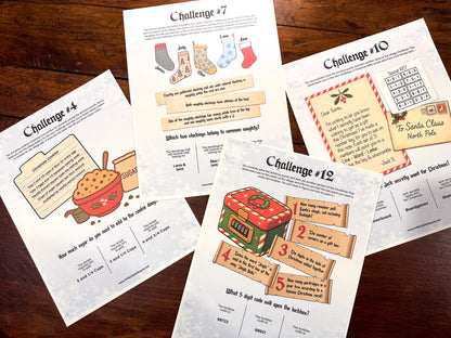 A printable Christmas Escape Room game called Enchanted Snowglobe for group team-building or playing as an icebreaker game. Various printable PDF sheets with holiday puzzles, read-aloud story sheets, and facilitator instructions.