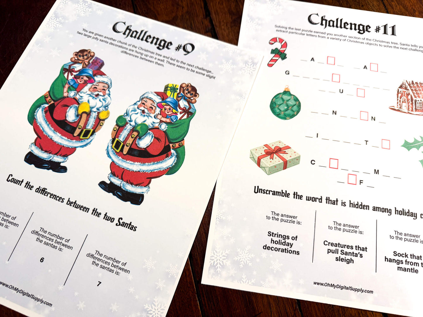 A printable Christmas Escape Room game called Enchanted Snowglobe for group team-building or playing as an icebreaker game. Various printable PDF sheets with holiday puzzles, read-aloud story sheets, and facilitator instructions.