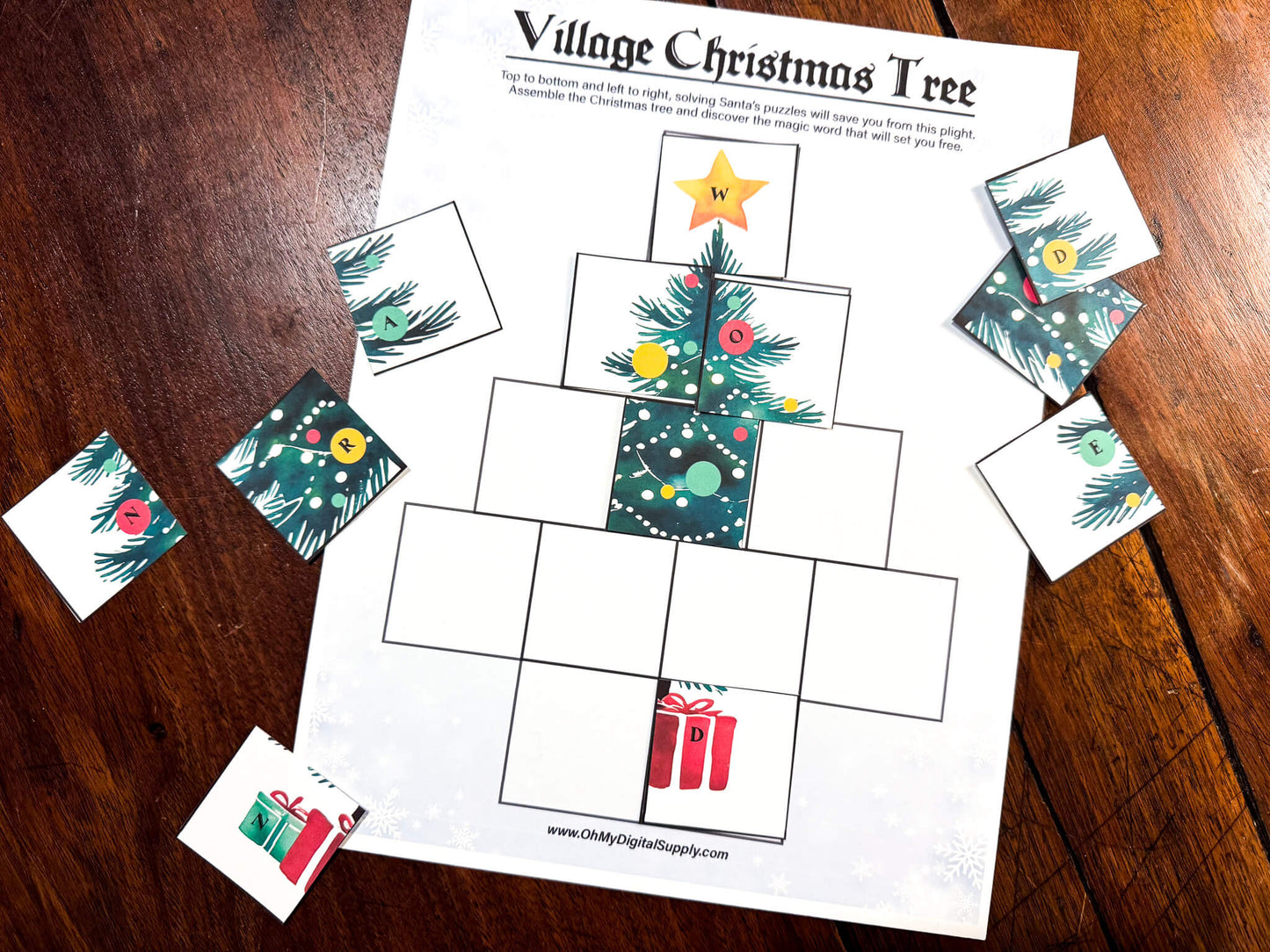 A printable Christmas Escape Room game called Enchanted Snowglobe for group team-building or playing as an icebreaker game. Various printable PDF sheets with holiday puzzles, read-aloud story sheets, and facilitator instructions.
