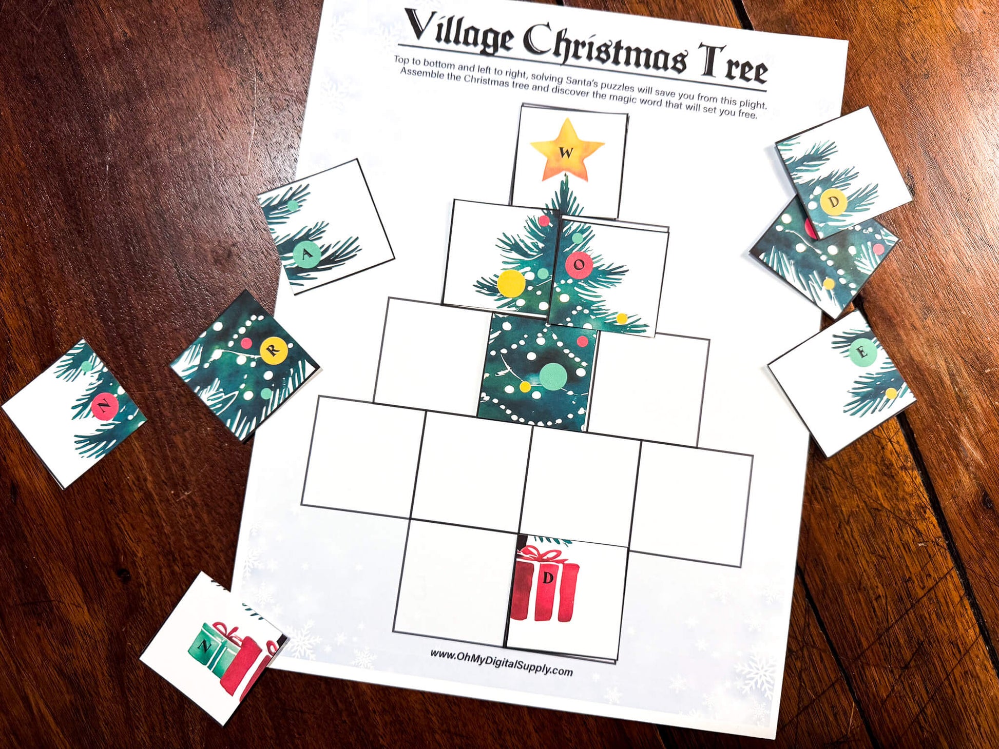 A printable Christmas Escape Room game called Enchanted Snowglobe for group team-building or playing as an icebreaker game. Various printable PDF sheets with holiday puzzles, read-aloud story sheets, and facilitator instructions.