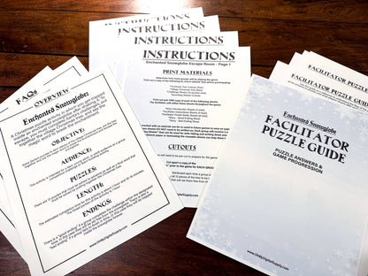 A printable Christmas Escape Room game called Enchanted Snowglobe for group team-building or playing as an icebreaker game. Various printable PDF sheets with holiday puzzles, read-aloud story sheets, and facilitator instructions.