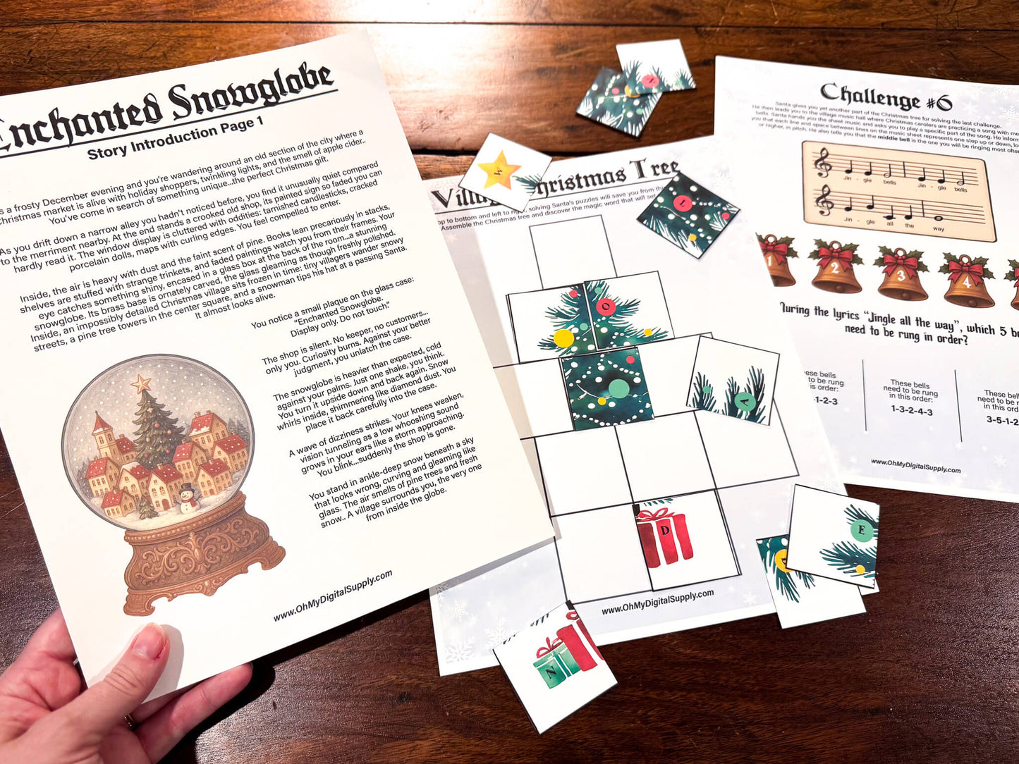 A printable Christmas Escape Room game called Enchanted Snowglobe for group team-building or playing as an icebreaker game. Various printable PDF sheets with holiday puzzles, read-aloud story sheets, and facilitator instructions.