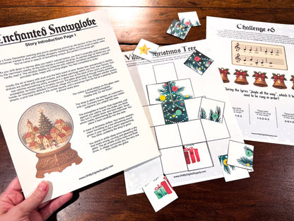 A printable Christmas Escape Room game called Enchanted Snowglobe for group team-building or playing as an icebreaker game. Various printable PDF sheets with holiday puzzles, read-aloud story sheets, and facilitator instructions.