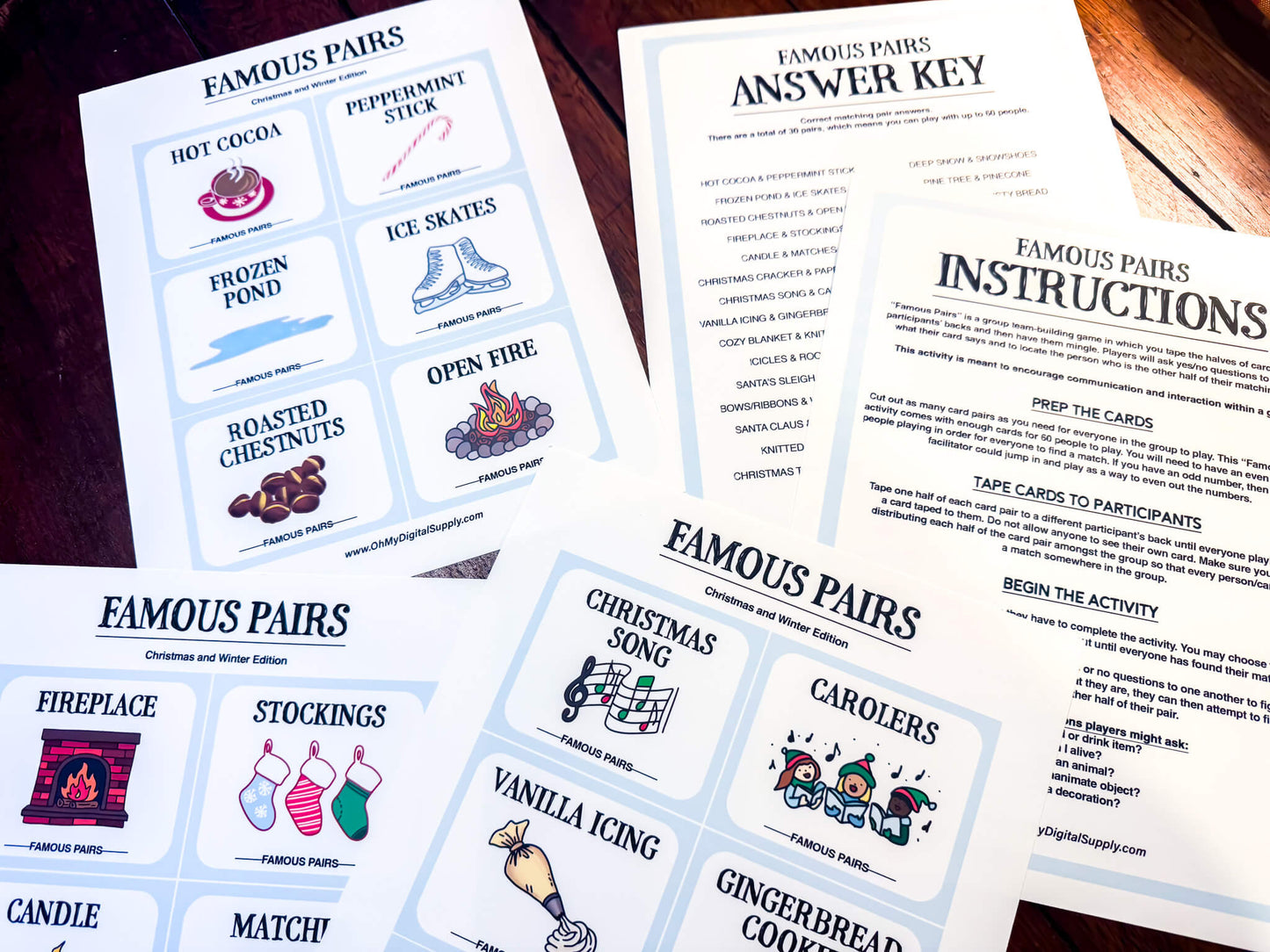Famous Pairs Christmas & Winter group team building game and icebreaker activity. A digital PDF download containing instructions to play the game and Famous Pairs cards.