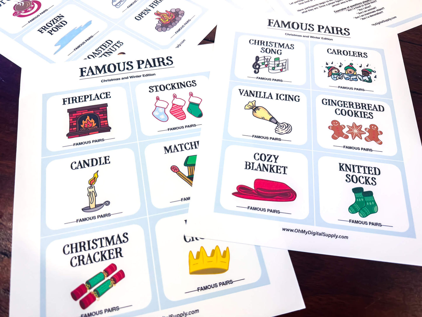 Famous Pairs Christmas & Winter group team building game and icebreaker activity. A digital PDF download containing instructions to play the game and Famous Pairs cards.