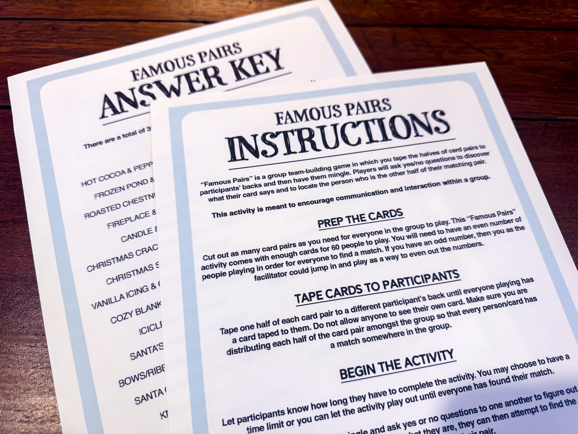 Famous Pairs Christmas & Winter group team building game and icebreaker activity. A digital PDF download containing instructions to play the game and Famous Pairs cards.