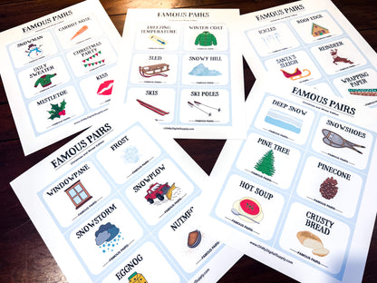 Famous Pairs Christmas & Winter group team building game and icebreaker activity. A digital PDF download containing instructions to play the game and Famous Pairs cards.