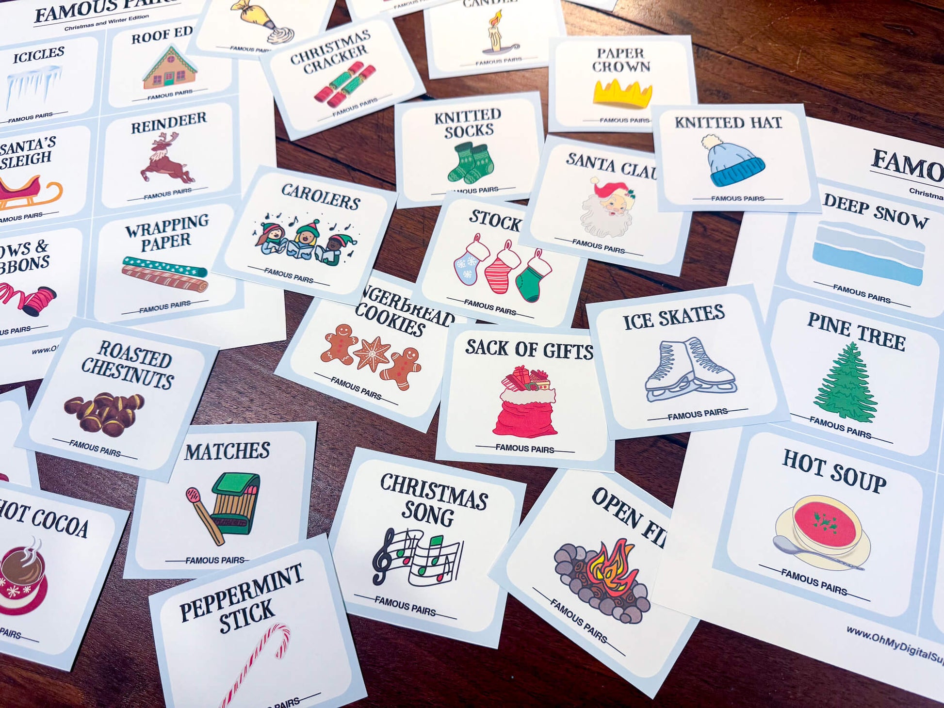 Famous Pairs Christmas & Winter group team building game and icebreaker activity. A digital PDF download containing instructions to play the game and Famous Pairs cards.