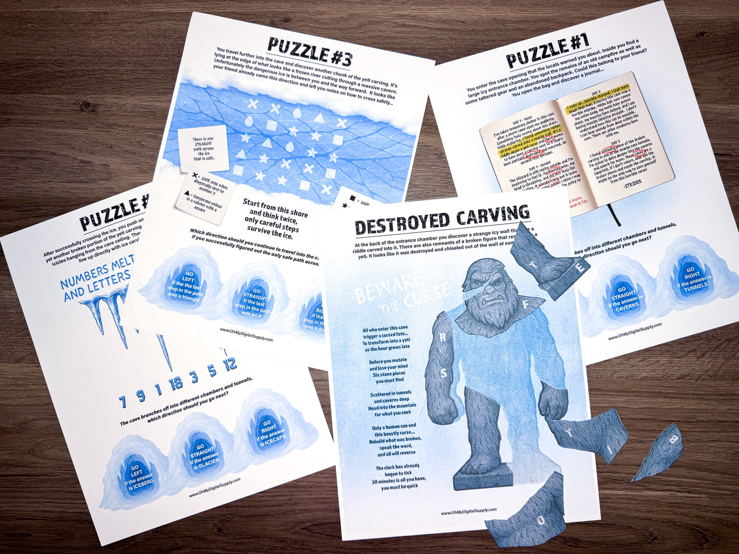 Escape Room: Curse of the Yeti, a printable team building game and icebreaker activity comprised of puzzle sheets in a printable PDF file format.