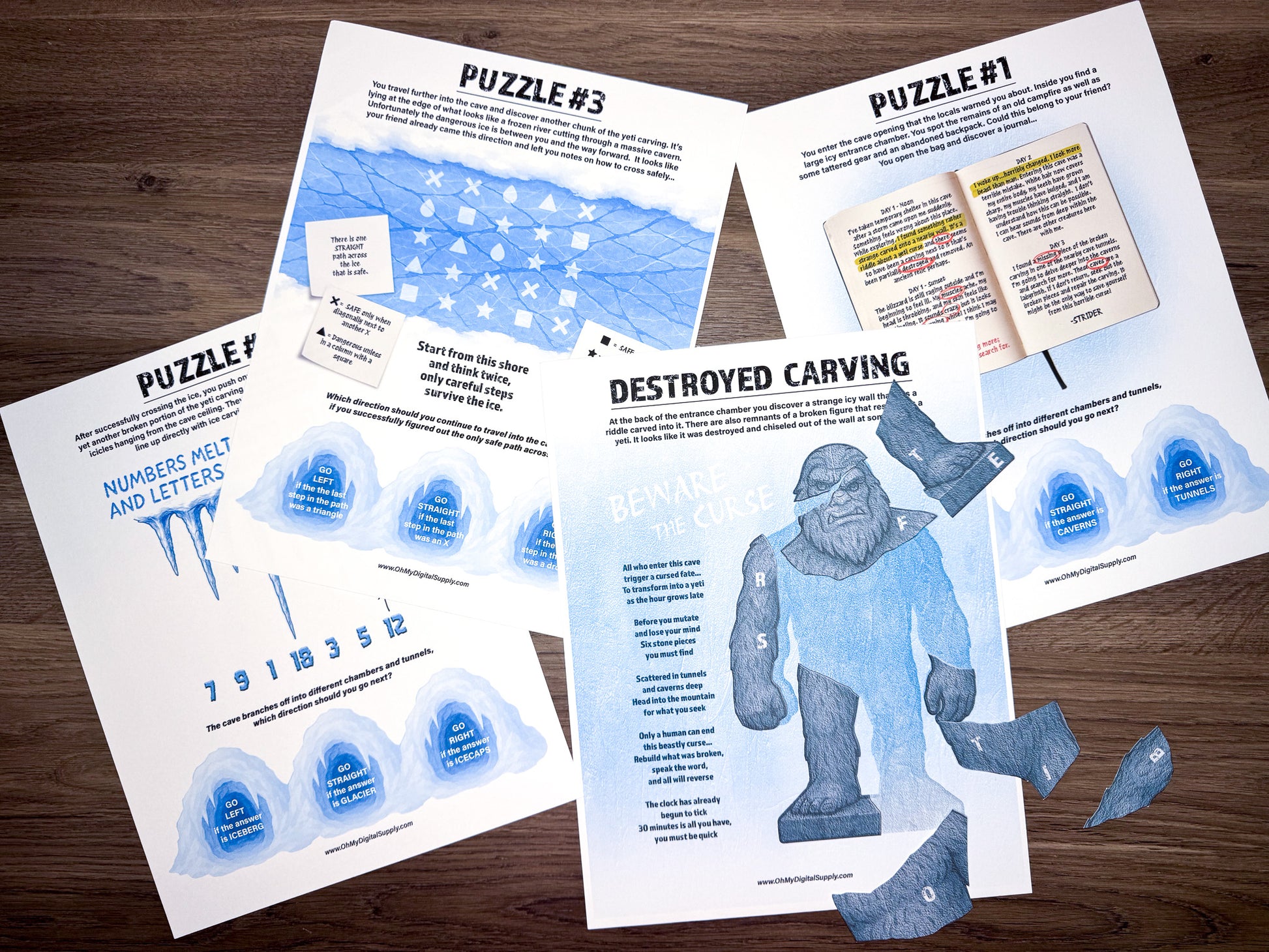 Escape Room: Curse of the Yeti, a printable team building game and icebreaker activity comprised of puzzle sheets in a printable PDF file format.
