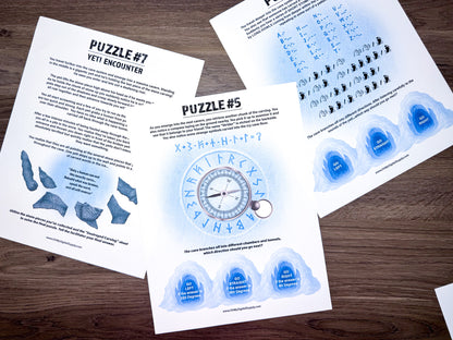 Escape Room: Curse of the Yeti, a printable team building game and icebreaker activity comprised of puzzle sheets in a printable PDF file format.