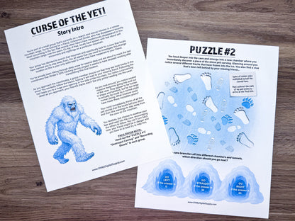 Escape Room: Curse of the Yeti, a printable team building game and icebreaker activity comprised of puzzle sheets in a printable PDF file format.