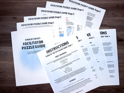 Escape Room: Curse of the Yeti, a printable team building game and icebreaker activity comprised of puzzle sheets in a printable PDF file format.