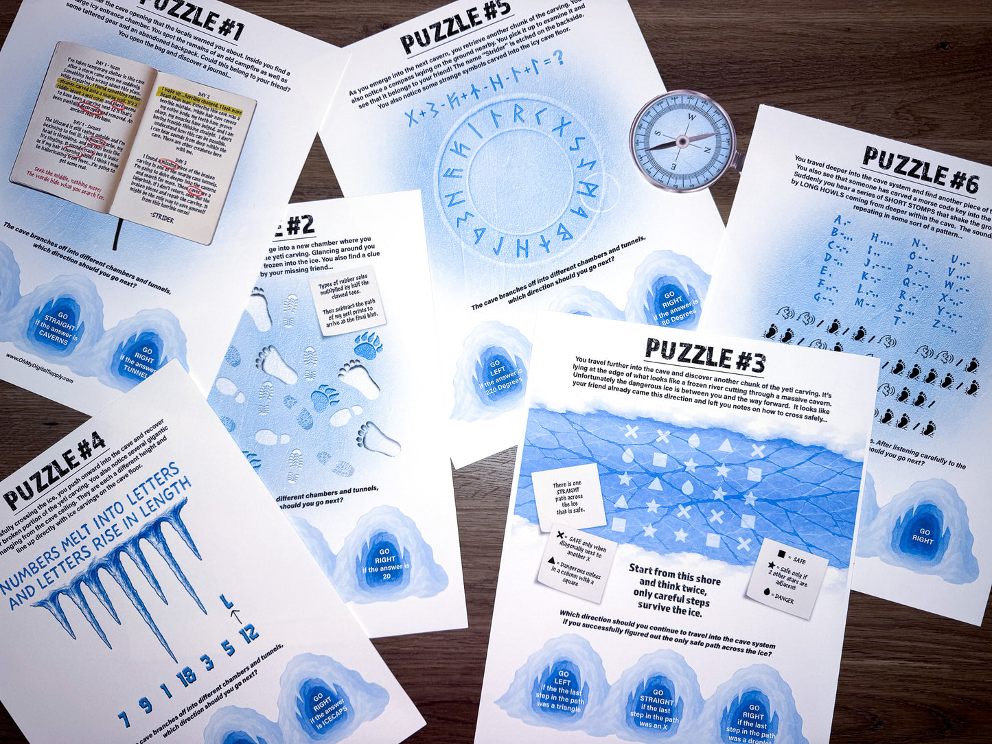 Escape Room: Curse of the Yeti, a printable team building game and icebreaker activity comprised of puzzle sheets in a printable PDF file format.