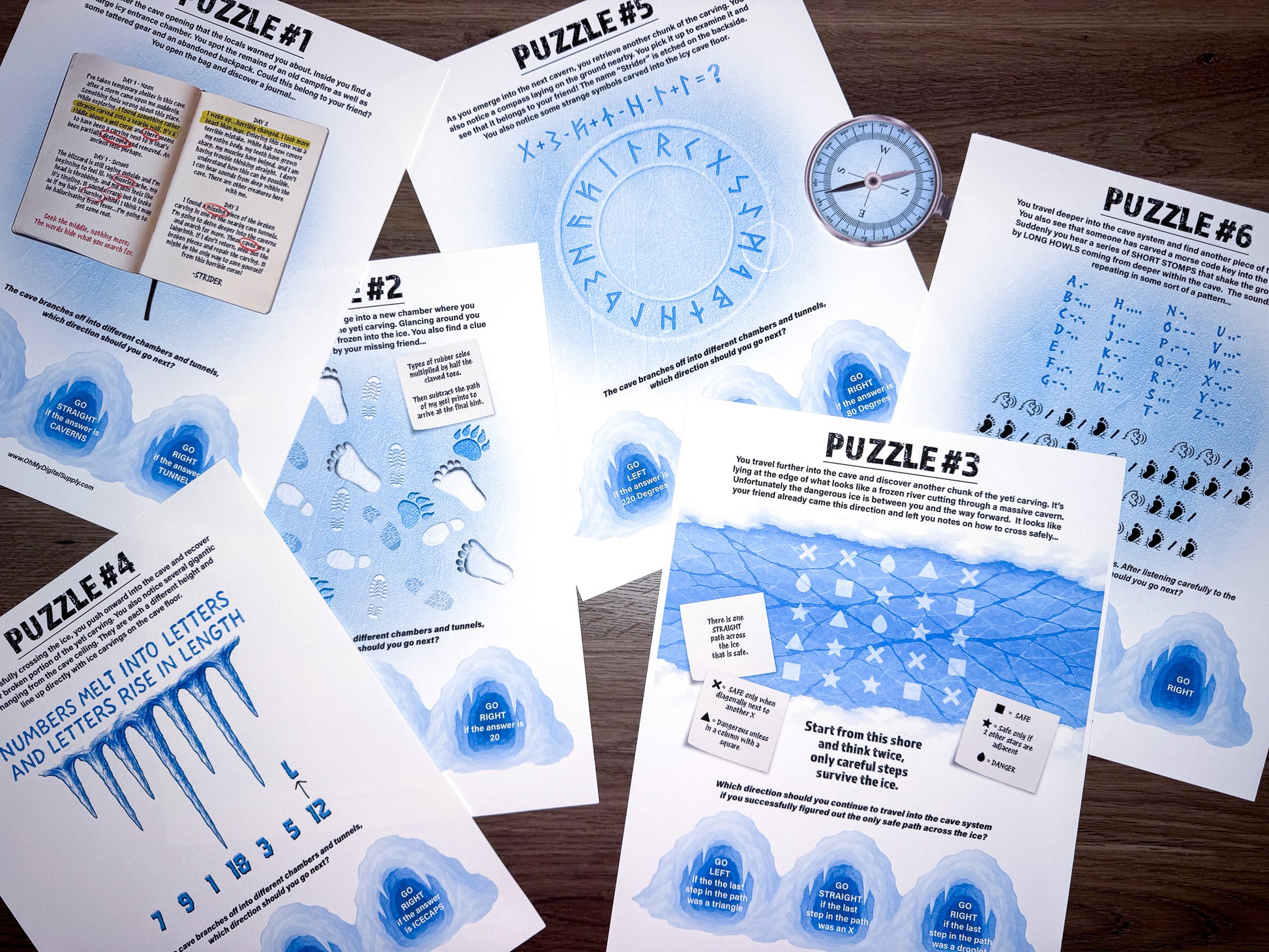 Escape Room: Curse of the Yeti, a printable team building game and icebreaker activity comprised of puzzle sheets in a printable PDF file format.