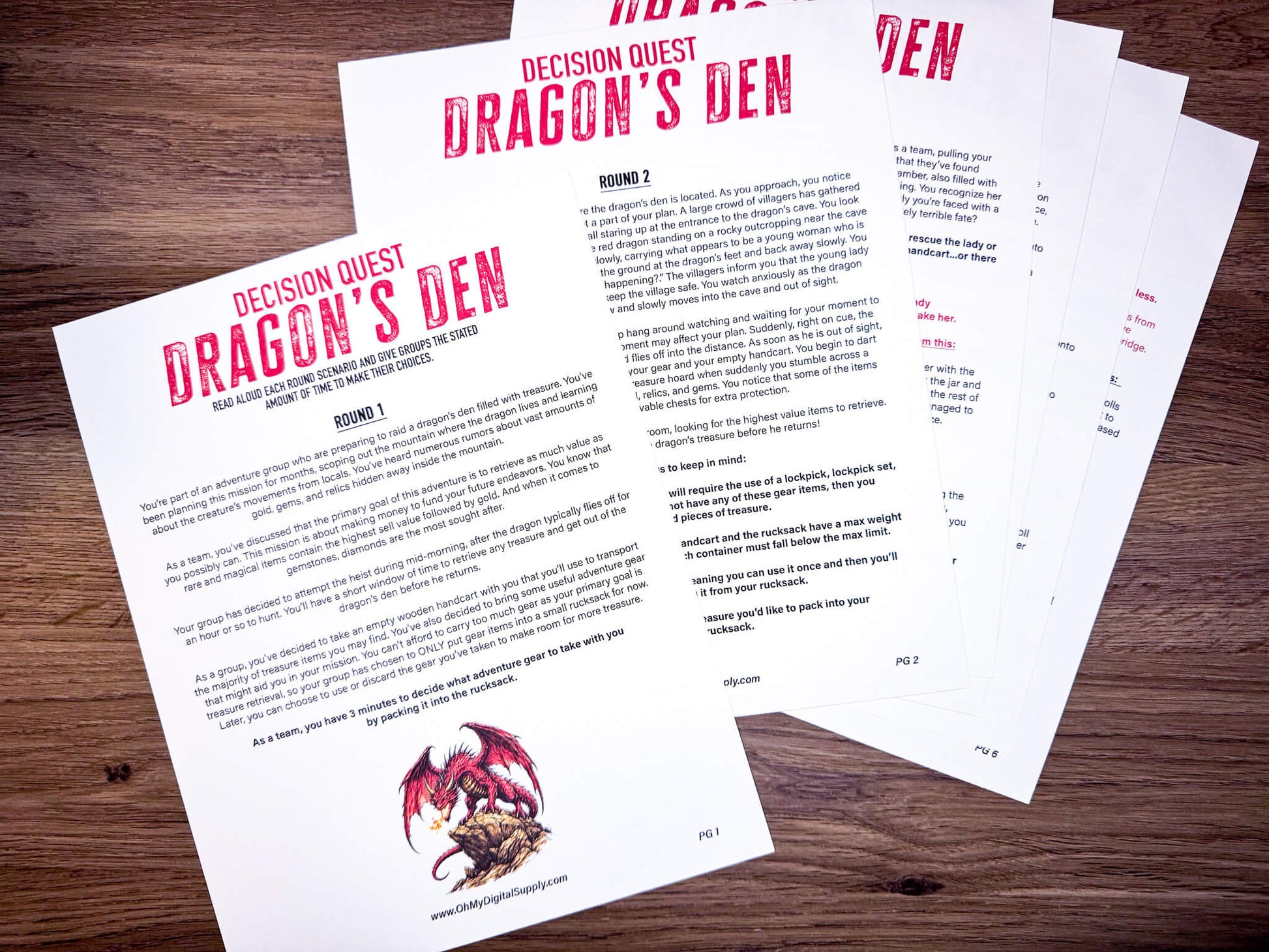 Decision Quest: Dragon's Den is a team-building activity and icebreaker game in the form of a printable PDF file. The activity includes read-aloud story sheets, item cutouts, a 3D paper dice, facilitator instructions, and everything you need to play through this adventure scenario.