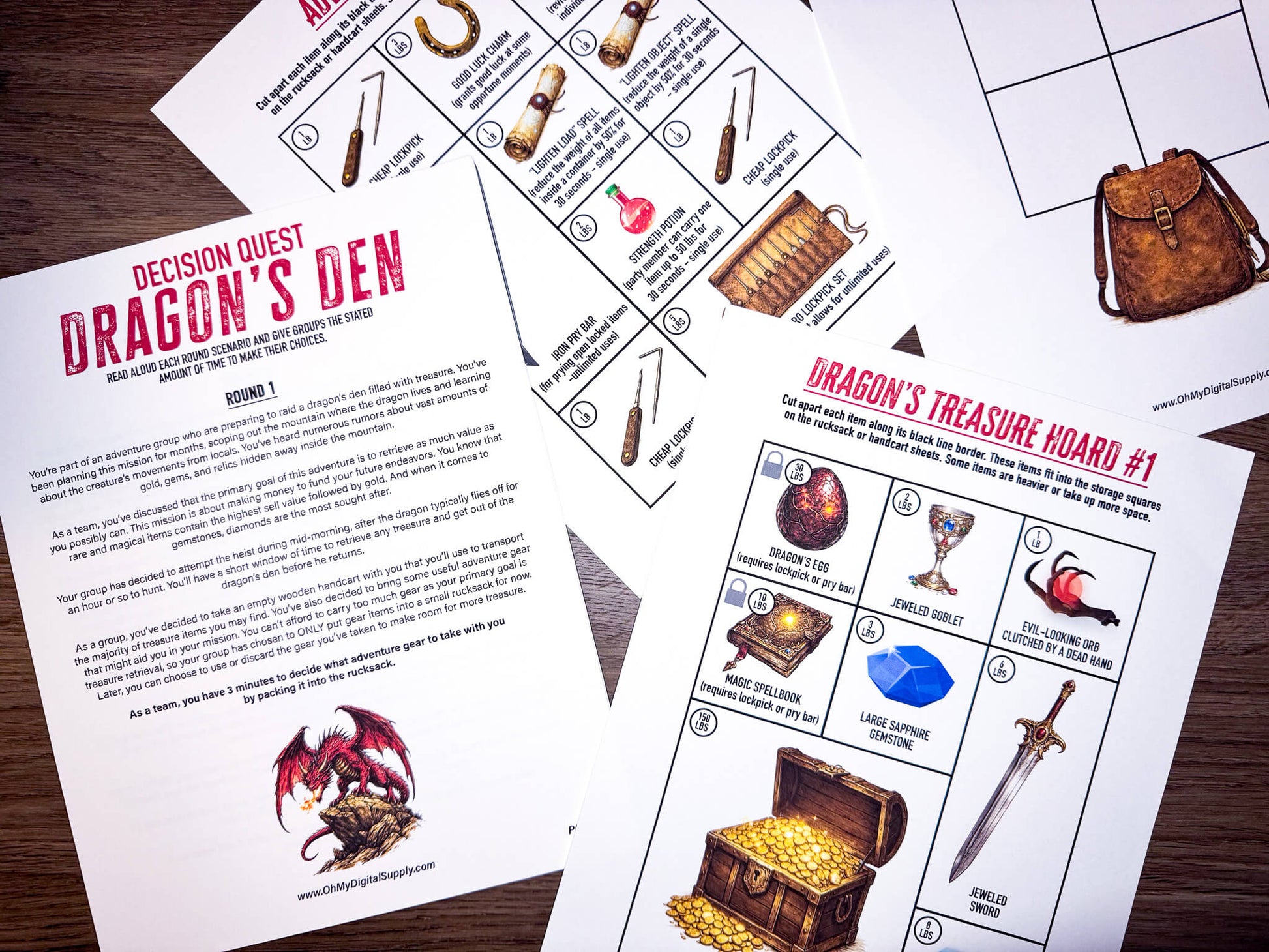 Decision Quest: Dragon's Den is a team-building activity and icebreaker game in the form of a printable PDF file. The activity includes read-aloud story sheets, item cutouts, a 3D paper dice, facilitator instructions, and everything you need to play through this adventure scenario.