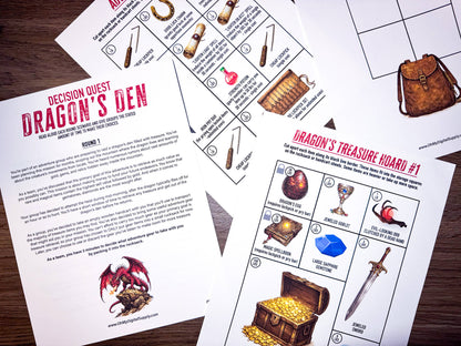Decision Quest: Dragon's Den is a team-building activity and icebreaker game in the form of a printable PDF file. The activity includes read-aloud story sheets, item cutouts, a 3D paper dice, facilitator instructions, and everything you need to play through this adventure scenario.