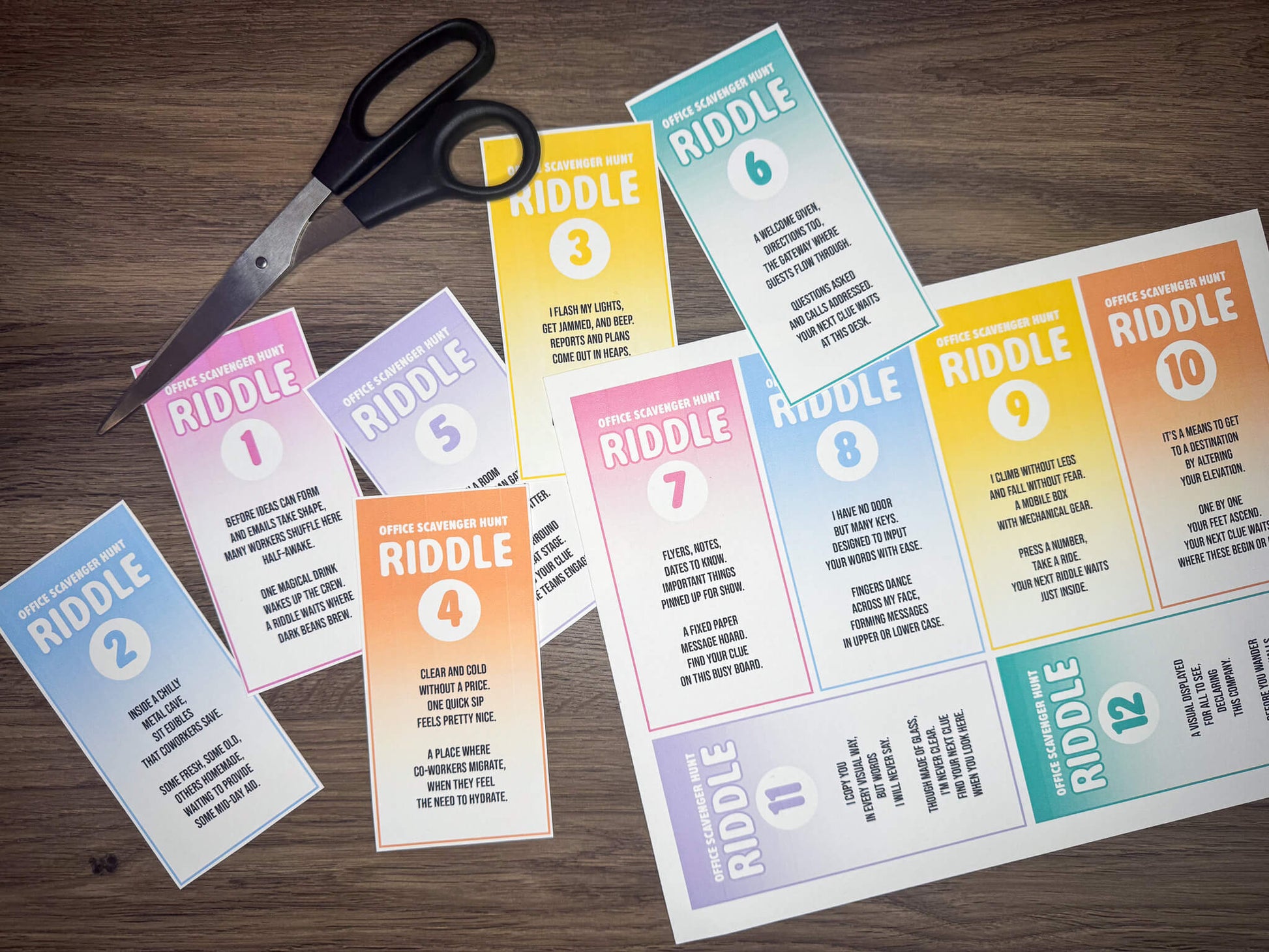 Office Scavenger Hunt printable team building activity with riddle cards, facilitator instructions, progression planning sheet, and answer key in a downloadable PDF file format. Play as a group team building game or icebreaker activity in the workplace.