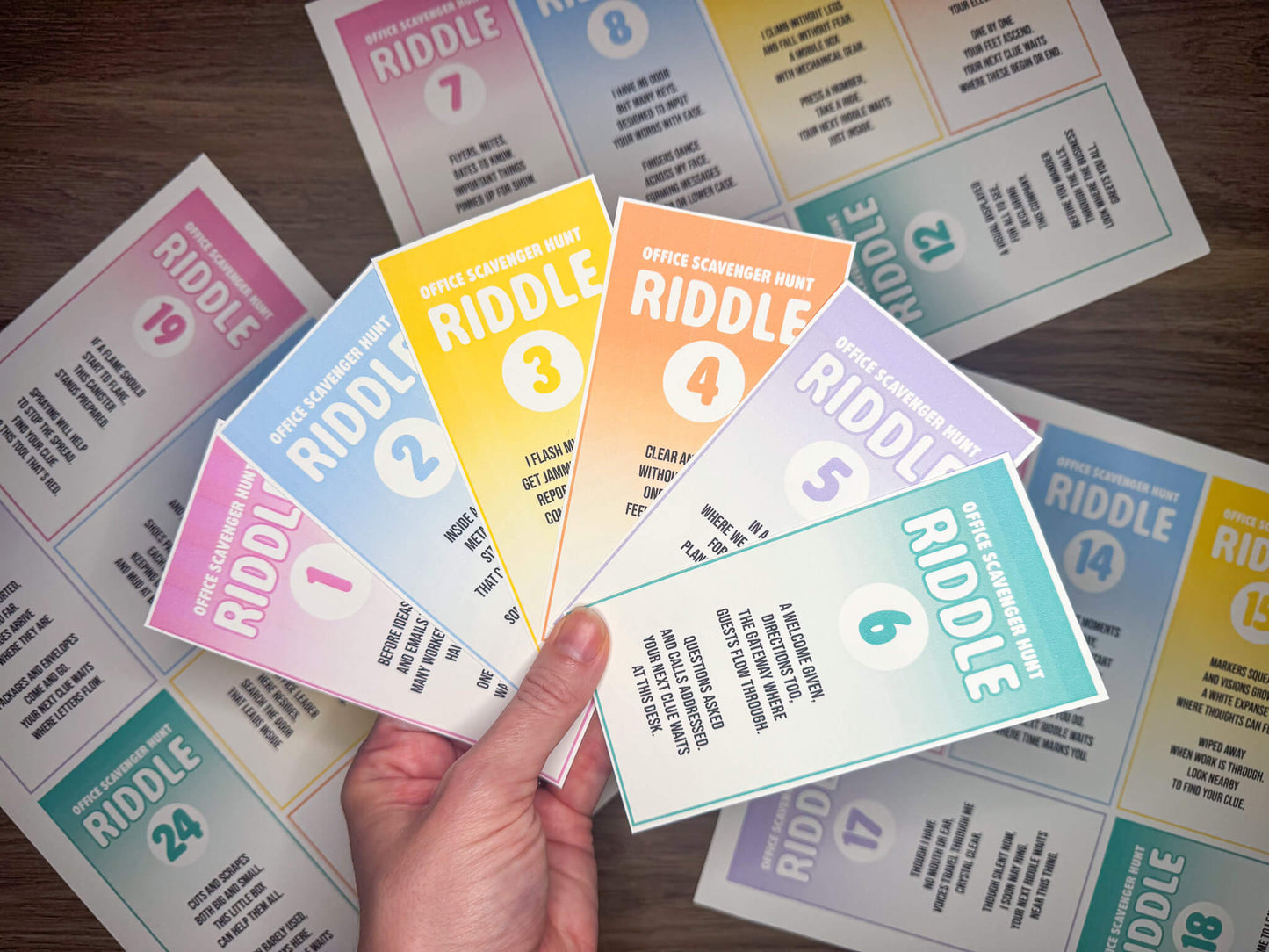 Office Scavenger Hunt printable team building activity with riddle cards, facilitator instructions, progression planning sheet, and answer key in a downloadable PDF file format. Play as a group team building game or icebreaker activity in the workplace.