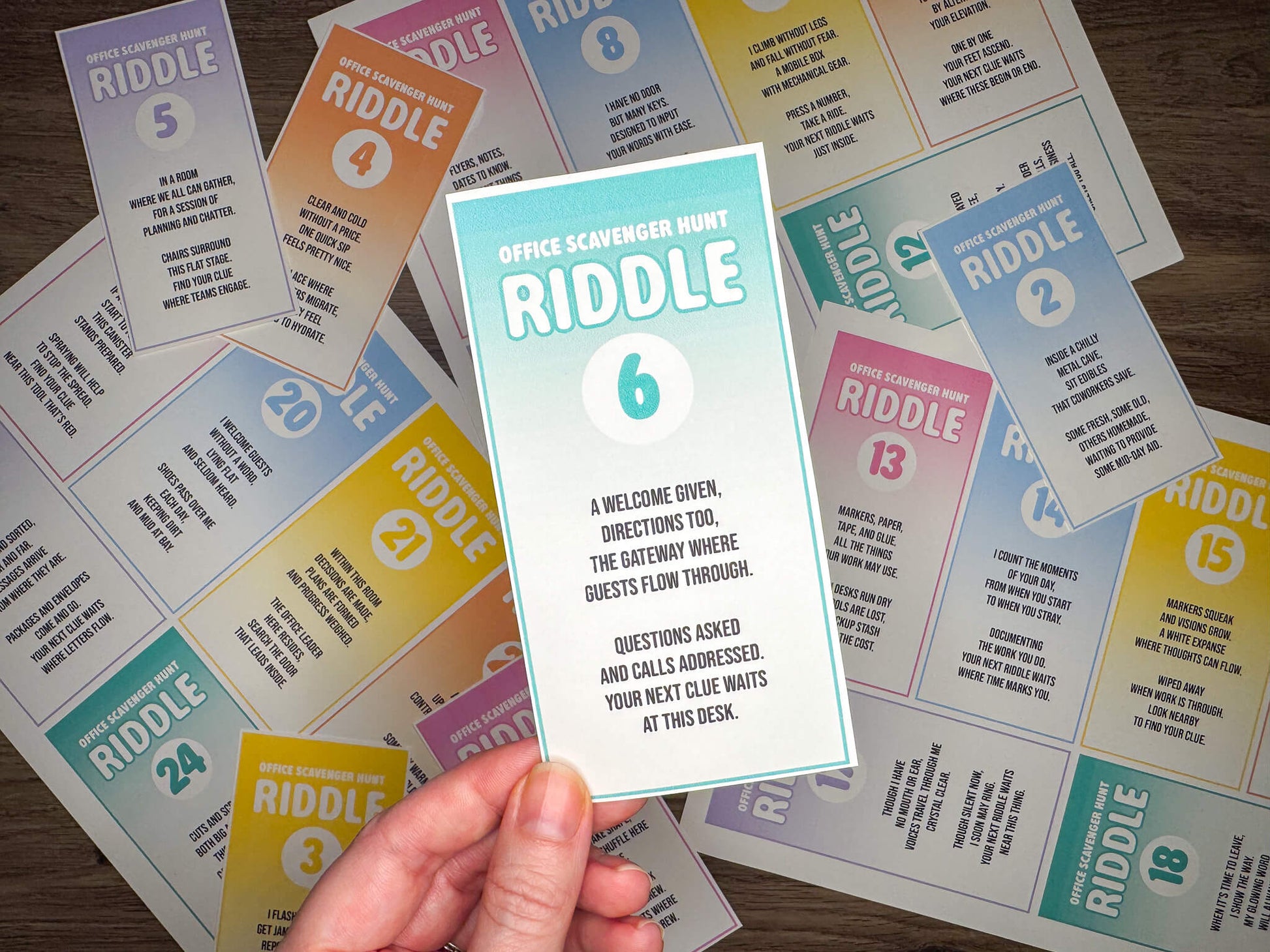 Office Scavenger Hunt printable team building activity with riddle cards, facilitator instructions, progression planning sheet, and answer key in a downloadable PDF file format. Play as a group team building game or icebreaker activity in the workplace.
