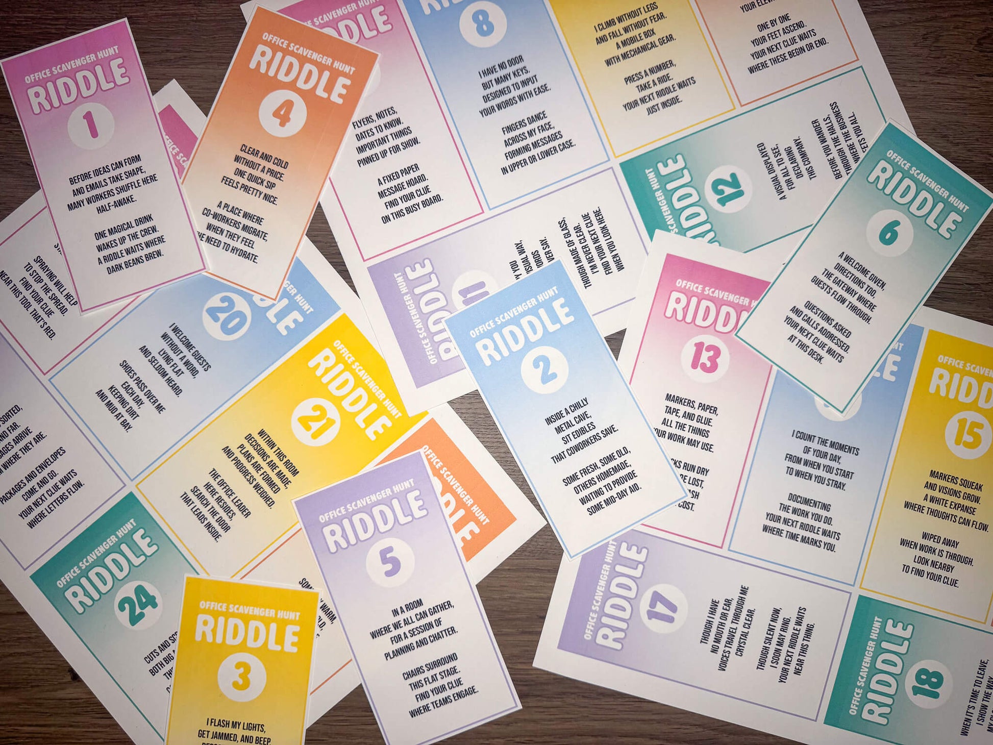 Office Scavenger Hunt printable team building activity with riddle cards, facilitator instructions, progression planning sheet, and answer key in a downloadable PDF file format. Play as a group team building game or icebreaker activity in the workplace.