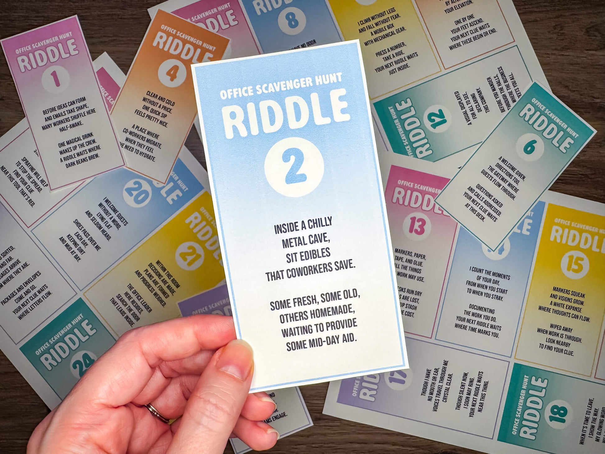 Office Scavenger Hunt printable team building activity with riddle cards, facilitator instructions, progression planning sheet, and answer key in a downloadable PDF file format. Play as a group team building game or icebreaker activity in the workplace.
