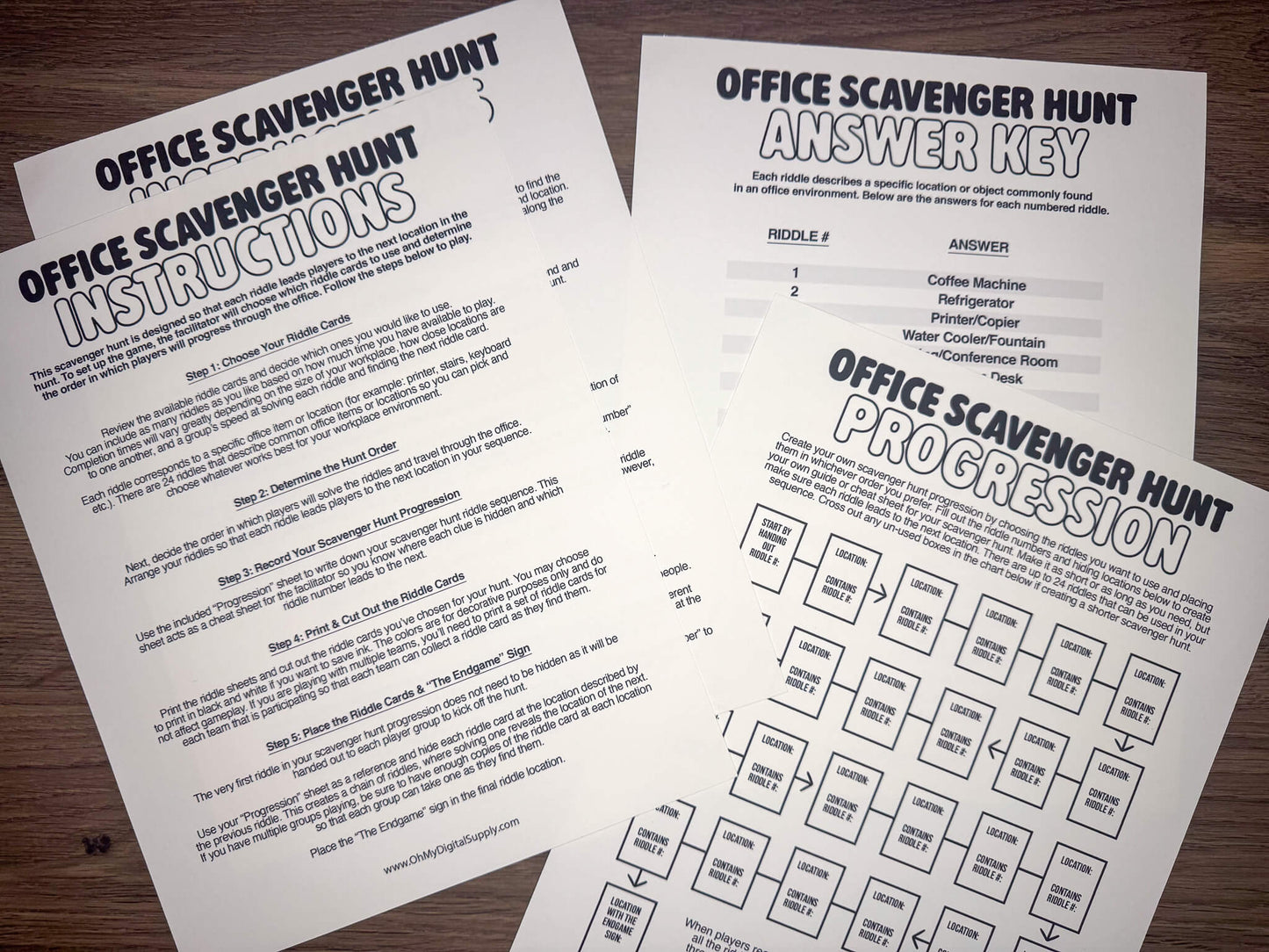 Office Scavenger Hunt printable team building activity with riddle cards, facilitator instructions, progression planning sheet, and answer key in a downloadable PDF file format. Play as a group team building game or icebreaker activity in the workplace.