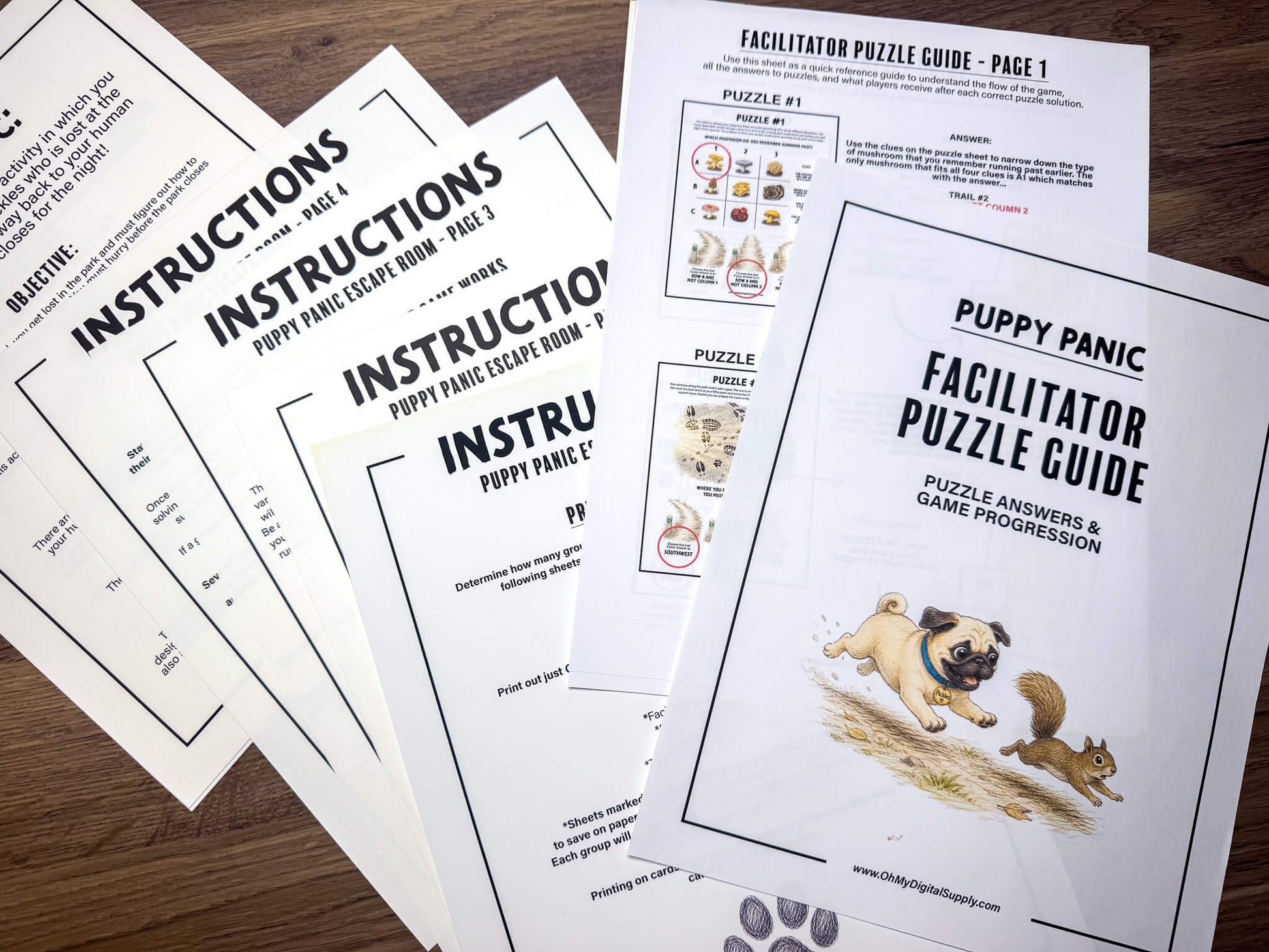 Puppy Panic is a printable Escape Room puzzle game for small groups! Great as a team building activity or icebreaker game. Players must solve 7 puzzles within a 30 minute time limit. This pug themed game includes an intro story as well as good and bad story endings.