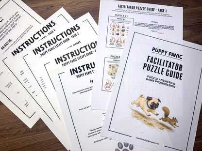 Puppy Panic is a printable Escape Room puzzle game for small groups! Great as a team building activity or icebreaker game. Players must solve 7 puzzles within a 30 minute time limit. This pug themed game includes an intro story as well as good and bad story endings.