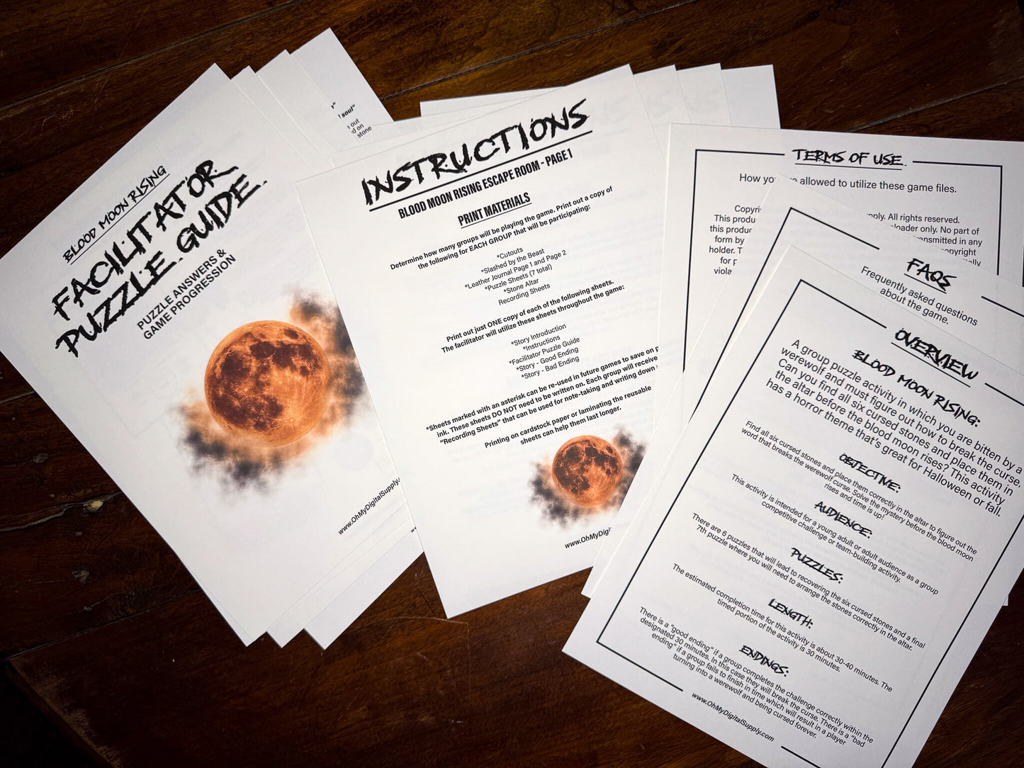 A printable Halloween escape room game called Blood Moon Rising with various puzzle sheets, story sheets, instructions, and facilitator guide all in printable PDF format. A 30 minute group activity for team-building or use as an icebreaker game.