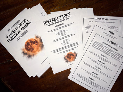 A printable Halloween escape room game called Blood Moon Rising with various puzzle sheets, story sheets, instructions, and facilitator guide all in printable PDF format. A 30 minute group activity for team-building or use as an icebreaker game.