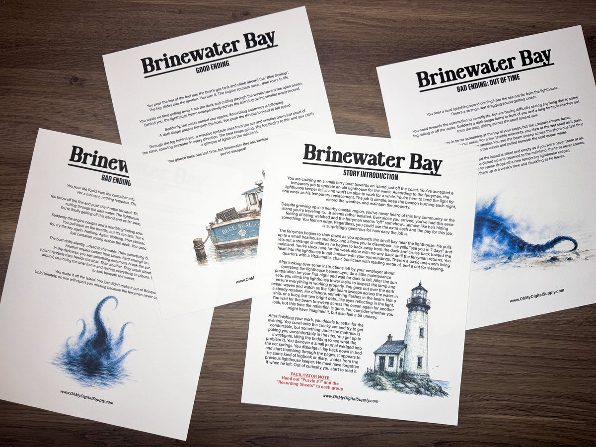 A printable escape room puzzle game called Brinewater Bay with various puzzle sheets, story sheets, instructions, and facilitator guide all in printable PDF format. A 30 minute group activity for team-building or use as an icebreaker game.