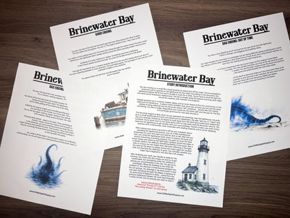 A printable escape room puzzle game called Brinewater Bay with various puzzle sheets, story sheets, instructions, and facilitator guide all in printable PDF format. A 30 minute group activity for team-building or use as an icebreaker game.