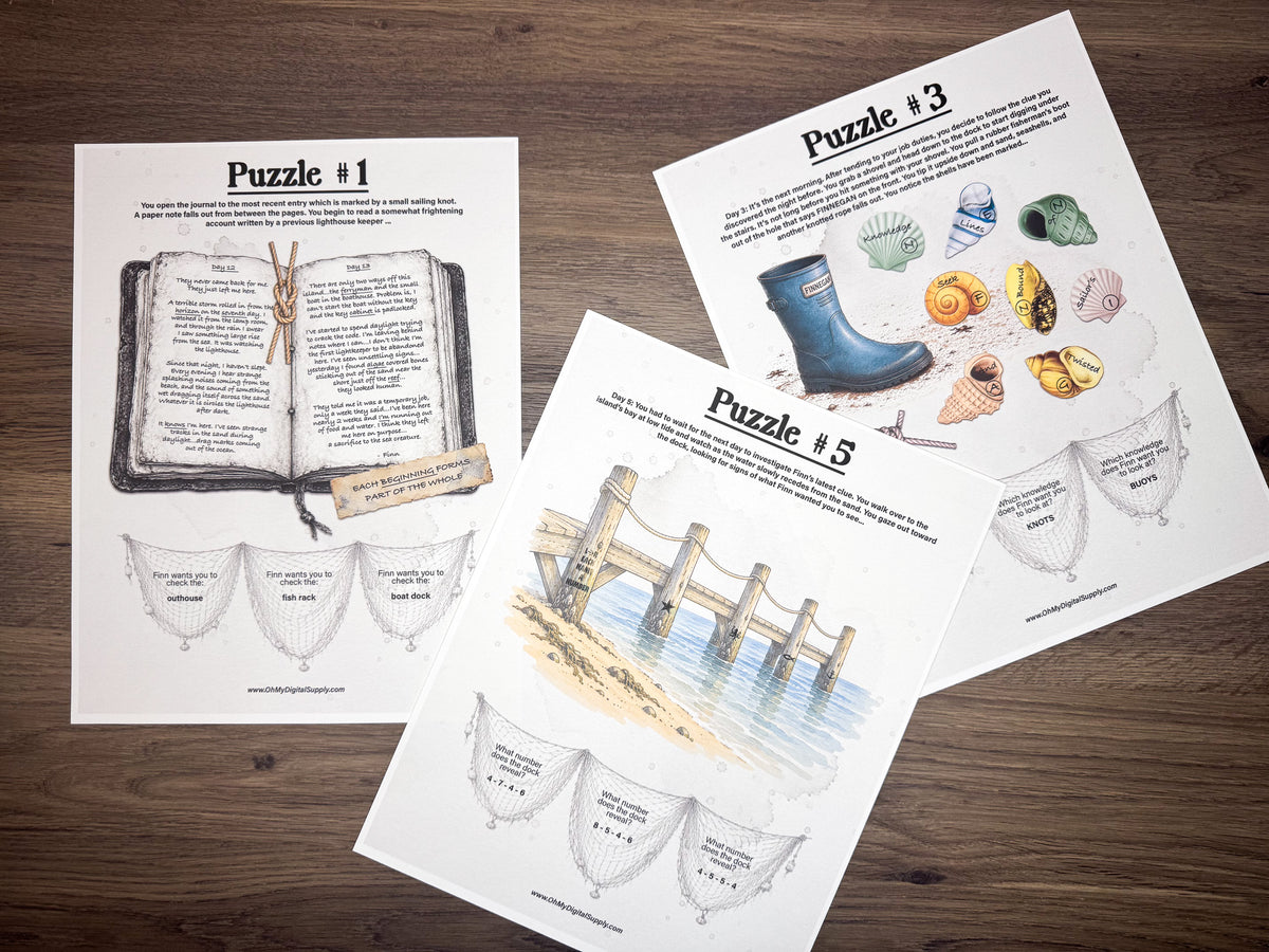 A printable escape room puzzle game called Brinewater Bay with various puzzle sheets, story sheets, instructions, and facilitator guide all in printable PDF format. A 30 minute group activity for team-building or use as an icebreaker game.