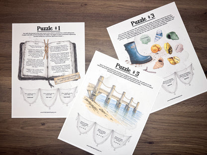 A printable escape room puzzle game called Brinewater Bay with various puzzle sheets, story sheets, instructions, and facilitator guide all in printable PDF format. A 30 minute group activity for team-building or use as an icebreaker game.